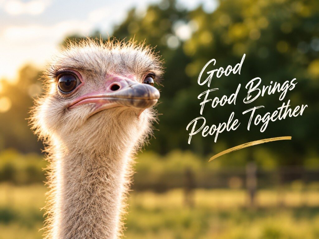 Ostrich portrait — good food brings people together